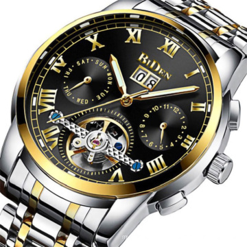 BIDEN 0190 Men's Tourbillon Mechanical Watches Swim Sport Automatic Watch Men Steel Luminous Date Month Display Self-Wind Clock